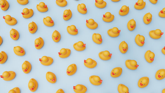 Yellow Rubber Ducks on Blue Background, 3d rendered illustration