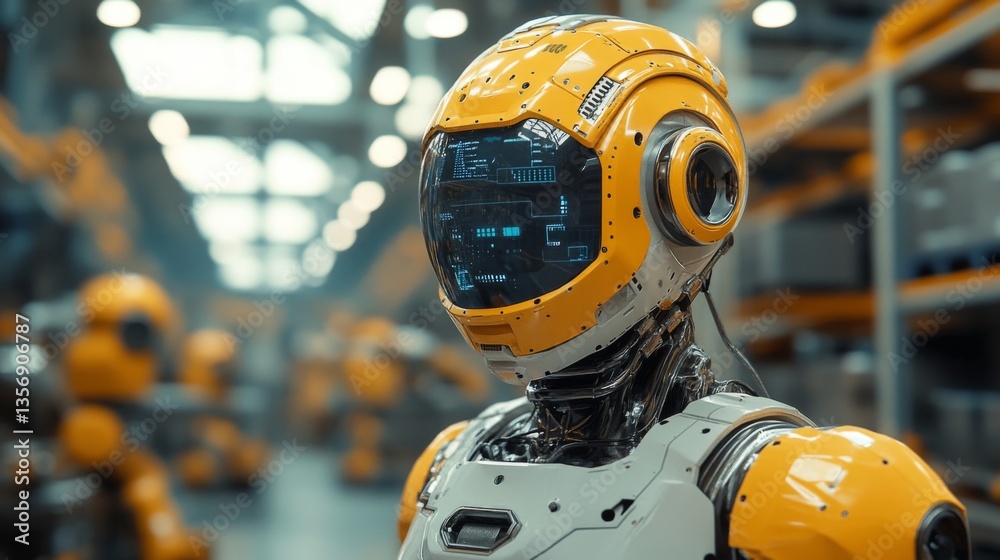Poster A robotic system operates within a spacious logistics hub, focused on inventory management and sorting tasks. The advanced technology enhances fulfillment processes significantly.