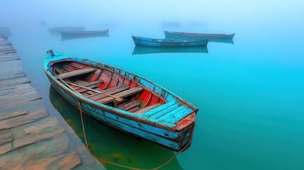 Misty Morning at Harbor with Weathered Fishing Boats and Wooden Dock in Tranquil Waters of a Serene Coastal Landscape