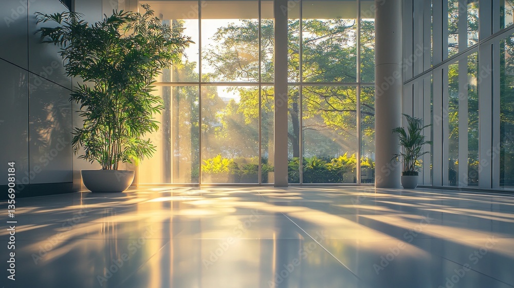Poster warm rays of sunlight flow through expansive glass windows, creating a peaceful atmosphere. lush pla