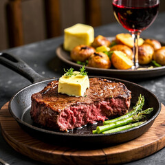 Juicy Ribeye Steak with Roasted Potatoes and Red Wine