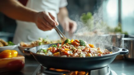 A skilled chef meticulously prepares a vibrant vegetable dish in a kitchen, showcasing culinary artistry and the freshness of ingredients in action.