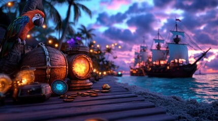 Fototapeta premium Tropical pirate island evening scene with treasure chest and ship