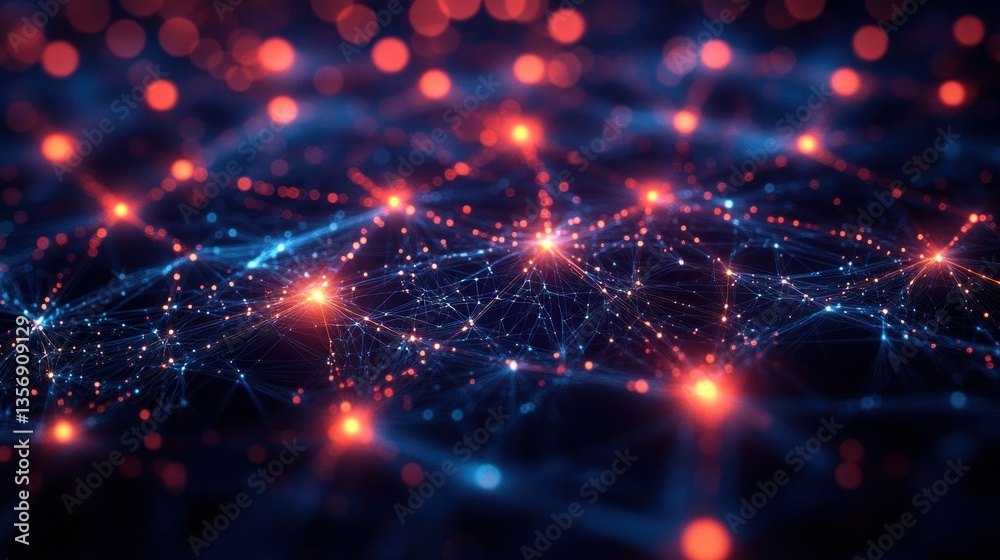 Poster abstract digital network illustration with glowing connections and particles simulating neural pathw