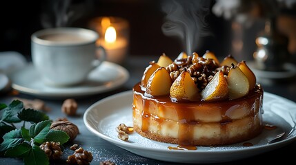 A luxurious caramel fruit cake, topped with caramelized pears and candied walnuts, placed on an elegant dessert table with a steaming cup of espresso, sophisticated fine dining atmosphere,
