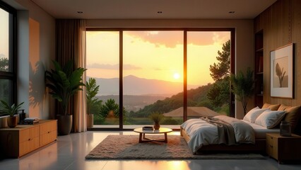 Fototapeta premium Serene Sunset Vista Bedroom Luxurious Modern Interior Design with Panoramic Window Views of Mountain Landscape at Golden Hour