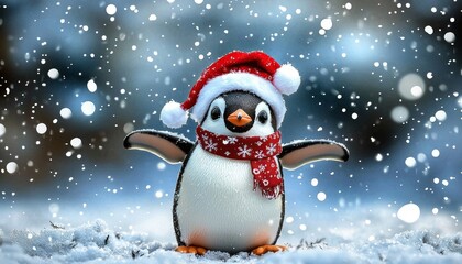 Fototapeta premium A festive penguin in a snowy winter landscape