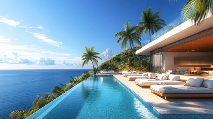 Luxury tropical resort with a palm-fringed swimming pool lounge beds and breathtaking ocean views