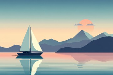 Serene Sailboat on Calm Waters at Sunset with Mountain Silhouettes