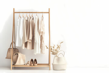 A Minimalist Fashion Display: A collection of stylish garments, shoes and bags artfully arranged on a wooden rack in a bright room setting, showcasing modern fashion and minimalist design aesthetic.