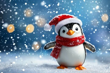 A joyful penguin dressed for a winter celebration.