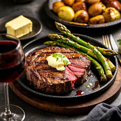 Juicy Ribeye Steak with Roasted Potatoes and Red Wine