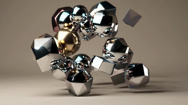 Dynamic motion of metallic polyhedrons and spheres: captivating dance of light and reflection. 4k stock footage