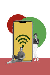 Collage 3d image of pinup pop retro sketch of fast wifi router connection internet device...
