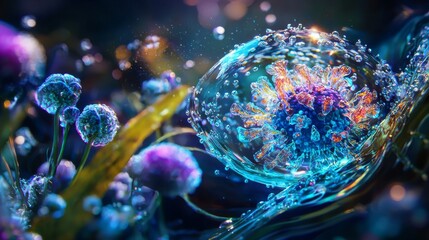 Microscopic Wonders: An artistic close-up of intricate microscopic structures, showcasing vibrant colors and complex biological forms, sparking curiosity and inspiring awe.