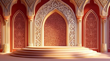 An elegant Islamic podium banner ideal for Ramadan sales and cosmetic showcases.