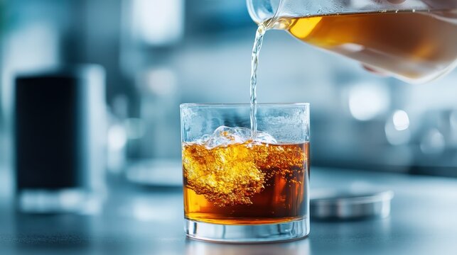 An eye-catching image of a refreshing beverage pouring into a glass, capturing bubbles and the essence of a cold drink's allure in a vibrant setting.