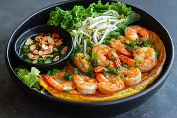 Delicious vietnamese banh xeo crepe with shrimps, herbs and dipping sauce