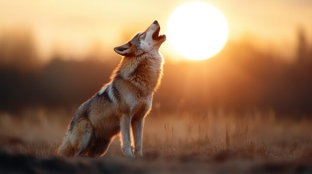A majestic coyote howls against a stunning sunset, standing proud in a golden meadow, embodying the spirit of nature and the wild's beautiful, untamed essence.