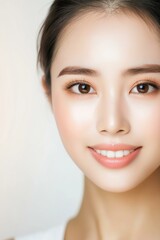 Obraz premium Close-up portrait of a smiling woman with natural makeup and glowing skin.