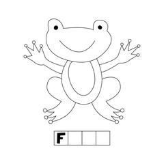 Frog, toad, english alphabet, abc, riddle, coloring for children, letter F, crossword, black and white doodle