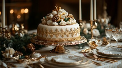 A royal-inspired almond marzipan fruit cake, featuring intricate marzipan patterns and gold leaf accents, set on a luxurious dining table with fine silverware, a regal and sophisticated atmosphere,