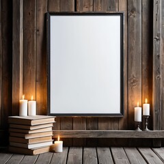 Mockup Blank Frame with Candles and Books on Rustic Wooden Background
