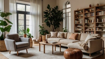 Fototapeta premium Cozy contemporary living room with neutral tones, featuring a light sofa and green plants.