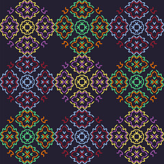 India stitch Kasuti embroidery fabric pattern needle work seamless geometric abstract culture decorative hand drawn tribal asian template printed colorful line artwork black background quilt wallpaper