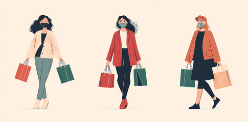 Shopping in Safety: Illustration of a diverse group of women, each adorned with protective face masks, elegantly navigating a shopping experience, carrying colorful bags in a safe and secure manner.