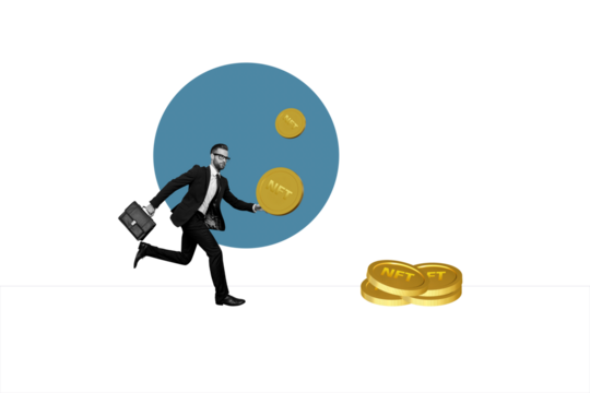 Composite sketch image trend artwork 3D photo collage of success business man hold suitcase in hand huge nft coin money run to cash pile - Powered by Adobe