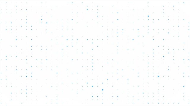 Abstract minimalist white background with blue dots random motion. Digital technology background, information flow, big data, and binary code. Network connection concept,  futuristic grid. 4k loop.