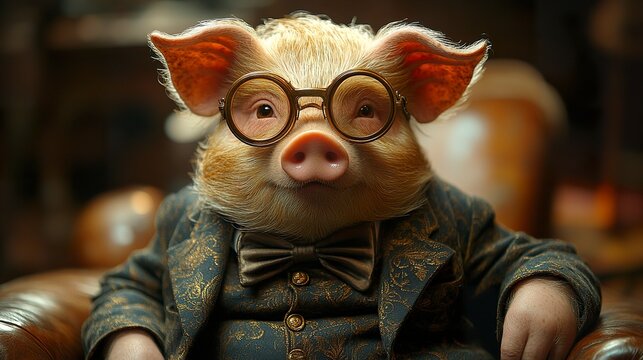 A sophisticated pig in an Edwardian tailcoat and bow tie, holding a monocle, soft golden light creates a luxurious, vintage vibe with detailed attire.