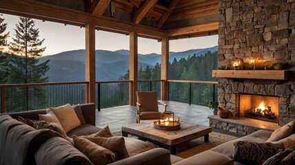 Fototapeta premium A cozy living room with a view, featuring plush sofas and a stone fireplace, perfect for relaxation in nature.