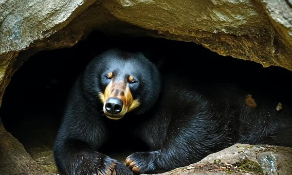 A peacefully sleeping black bear nestled inside a dark cave, taking a moment.