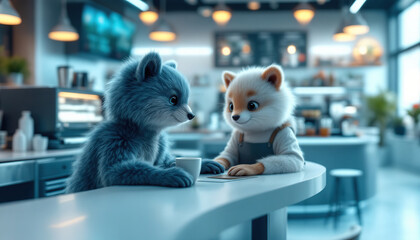 Two adorable furry creatures are enjoying a cafe date together happily