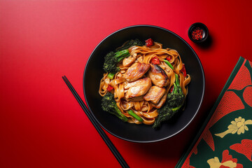 Asian stir fried noodle meal with duck, Chinese broccoli, drizzled with sauce and honey, showcased on bright red background