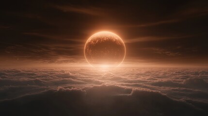Fototapeta premium Massive Fiery Orange Planet Soa Above Lush Emerald Valleys and Dramatic Cloud-Swept Sky of Wonder and Beauty