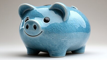 A striking sky blue piggy bank on a seamless white background, gentle natural lighting enhances its shine and bold color, perfectly centered for a balanced composition.  