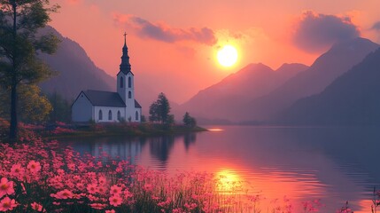 Fototapeta premium Serene sunset paints picturesque church by tranquil lake. AI Generated