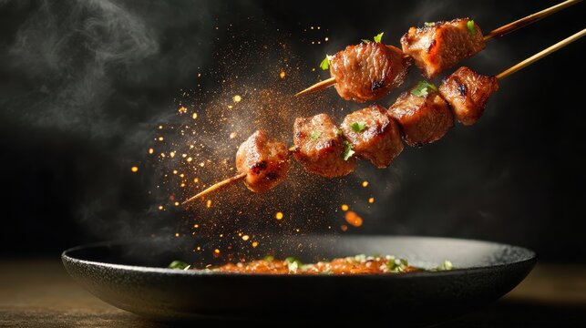 Juicy chunks of meat are tossed onto skewers, capturing the artistry of grilling and the excitement of culinary creation in a cloud of aromatic seasoning.