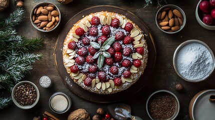 A top-down view of a beautifully decorated vegan fruit cake, elegantly arranged with fresh berries, slivered almonds, and a light dusting of cinnamon,