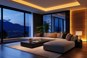 Fototapeta premium Modern living room interior design with scenic mountain view at dusk