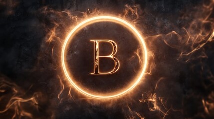 Luminous letter B within a fiery halo, against a dark textured backdrop