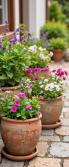Vibrant flower pots arranged on a rustic patio, natural beauty