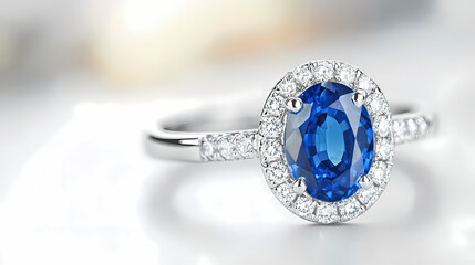 A Regal Promise: A captivating close-up of an exquisite sapphire ring, showcasing its dazzling oval-cut sapphire centerpiece and intricate diamond halo, set against a soft backdrop.
