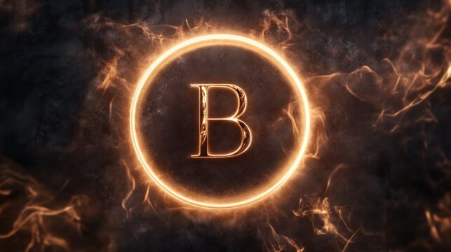 Luminous letter B within a fiery halo, against a dark textured backdrop - Powered by Adobe