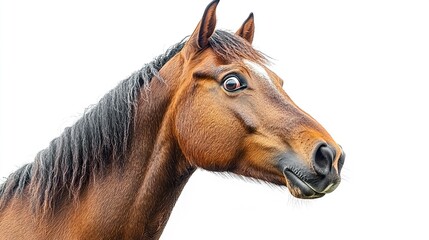 A surprised horse with its mouth slightly open and ears alert, its expressive face vividly detailed against a clean white background for a dramatic effect. 