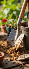 Neatly arranged gardening tools on potting bench, nurturing nature