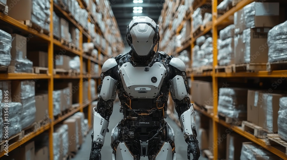 Poster a humanoid robot navigates through a warehouse filled with stacked boxes, actively participating in 
